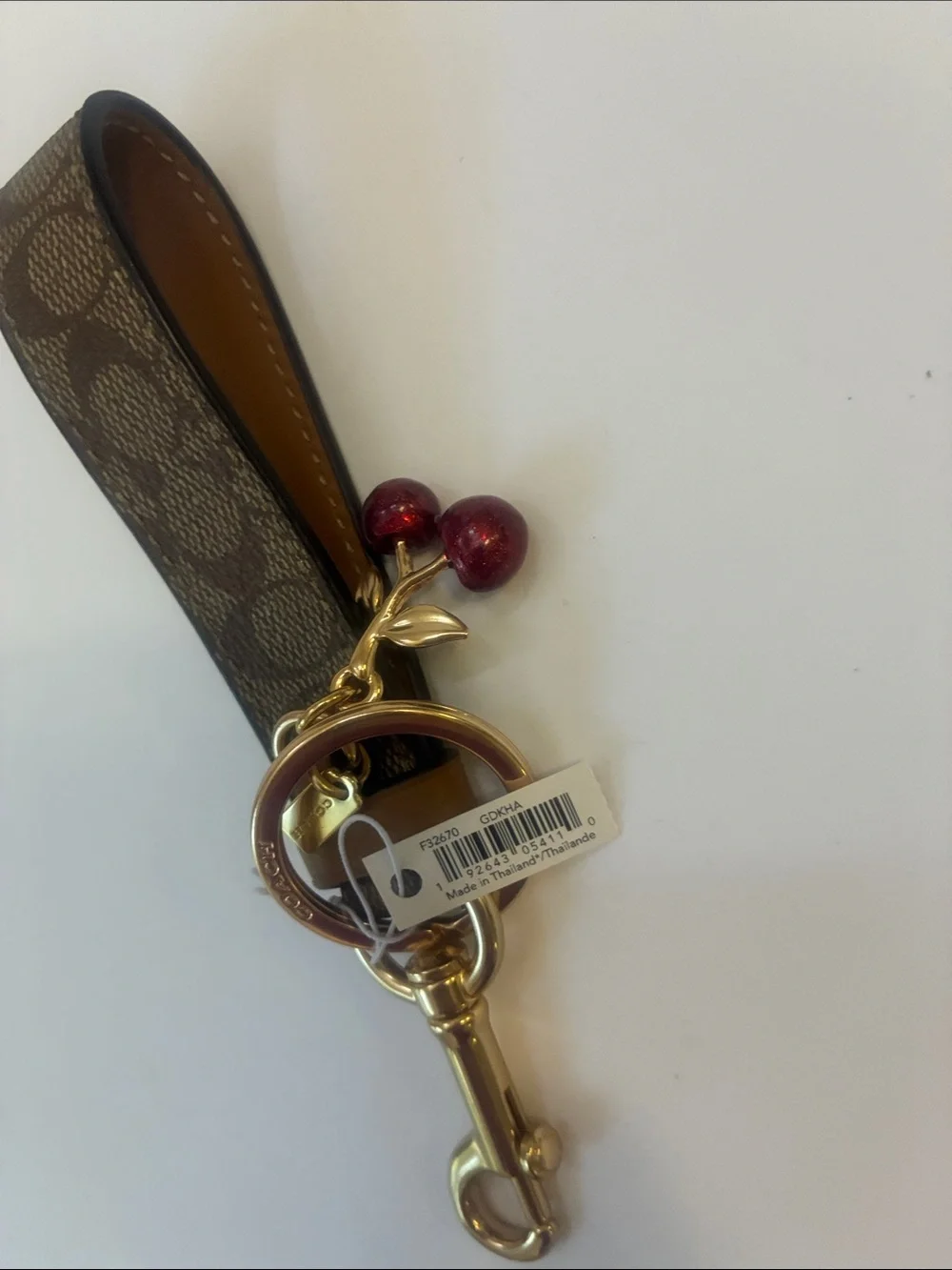 Coach Signature Trigger Snap Charm Loop Keychain Bag Charm With Dangling Cherry